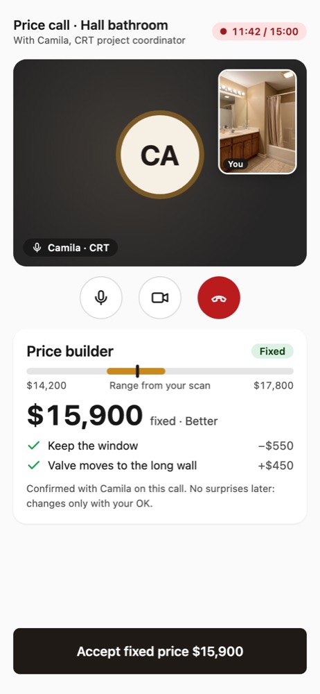 Pantalla de la app durante una videollamada, con el cálculo que llega a un precio fijo