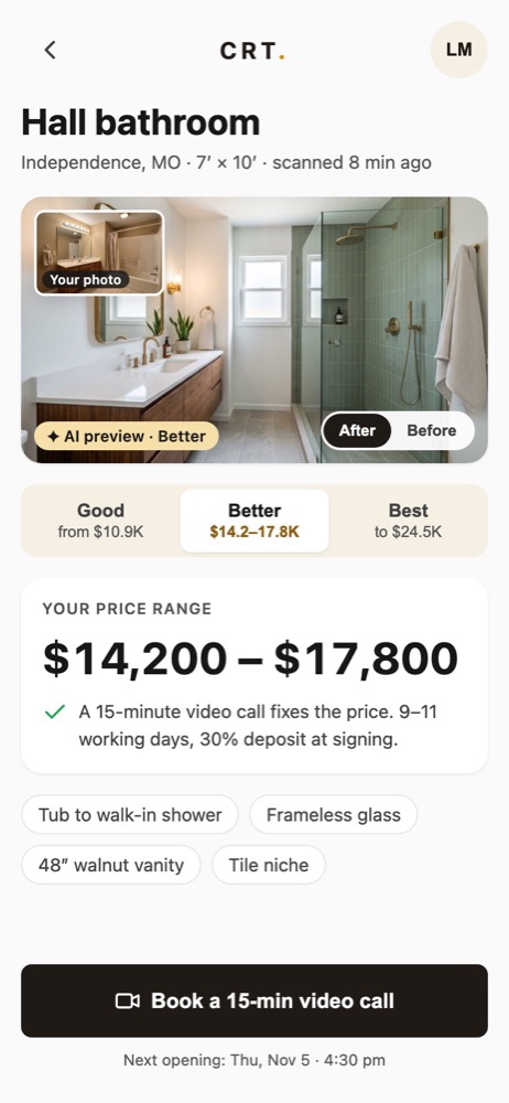 Pantalla de la app con un rango de precio para un baño de $14,200 a $17,800, opciones y vista previa del baño terminado