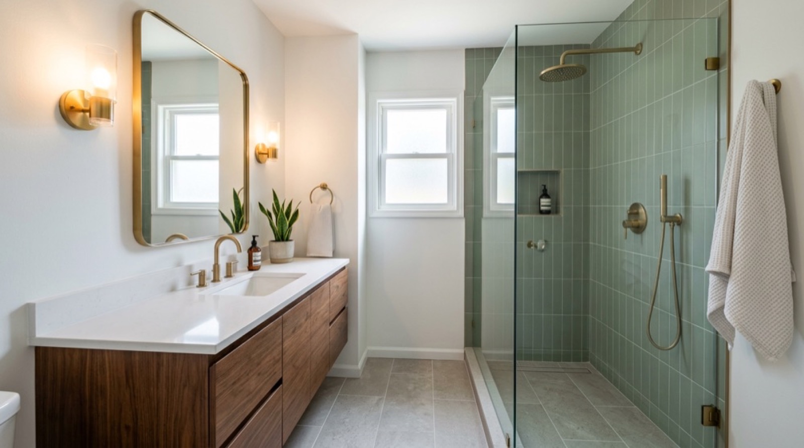 Después: baño con mueble de nogal, regadera abierta con azulejo verde salvia y grifería dorada